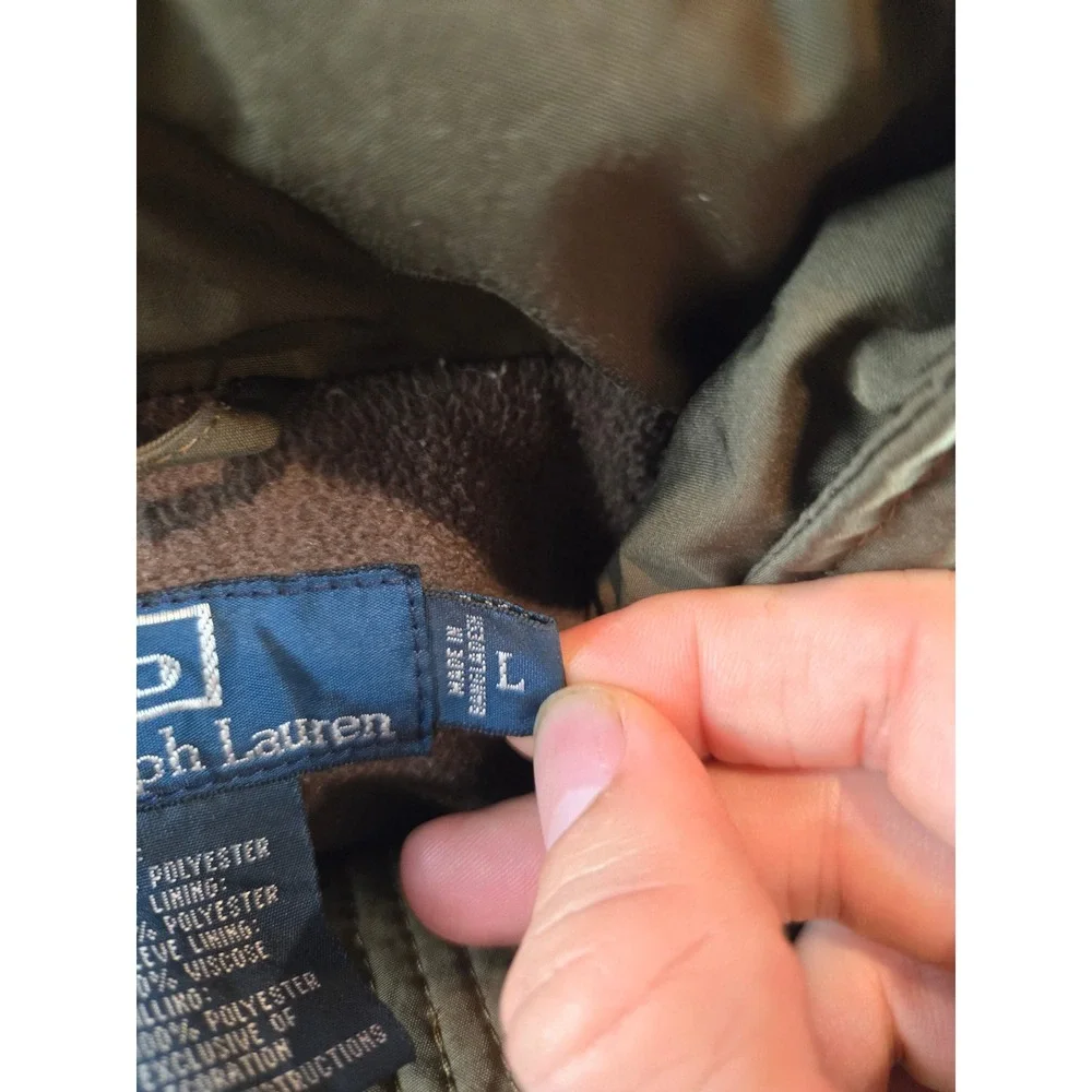 Vintage Polo Ralph Lauren Bomber Jacket Mens L Olive Hooded Fleece Lined 90's‎